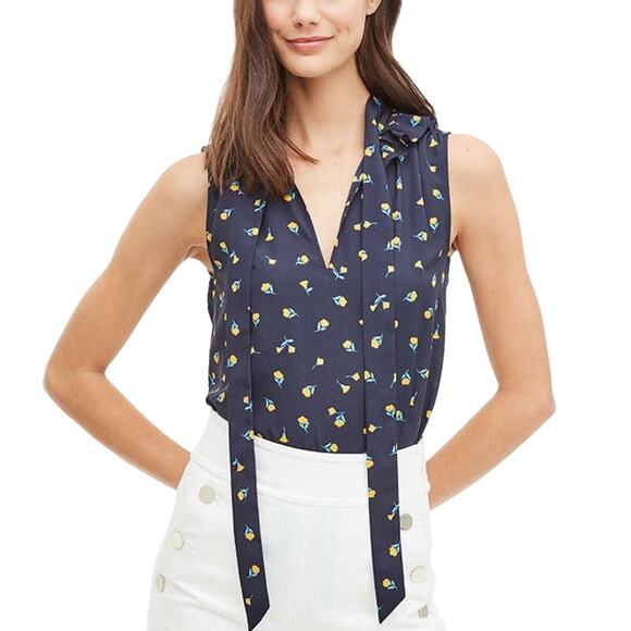 Kate Spade Dainty Bloom Floral Blue Sleeveless Tie V-Neck Blouse Top Small/Med - Picture 1 of 12